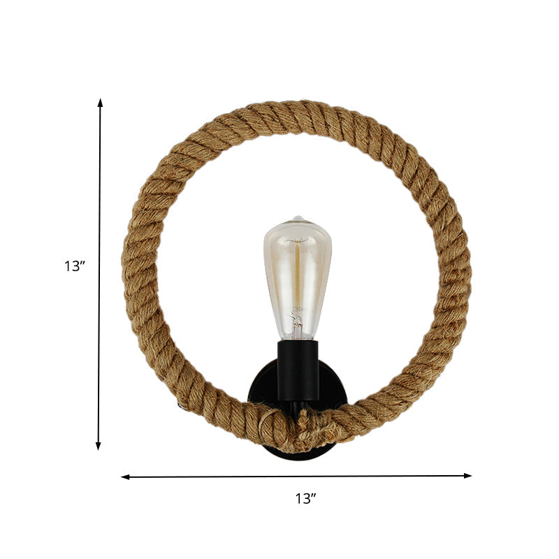 Black Farmhouse Roped Ring Wall Sconce With Open Bulb 1 Light Hallway Lamp