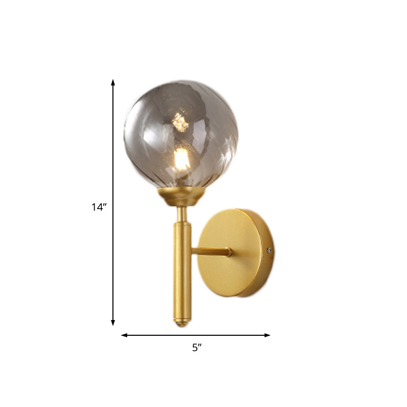 Modern Brass Wall Light With Smoked Textured Glass Globe Bulb