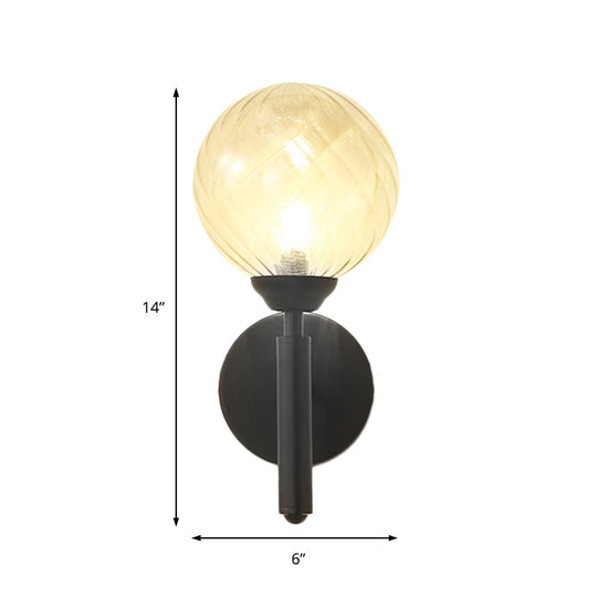 Black Modern Globe Wall Light With Clear Textured Glass And 1 Bulb