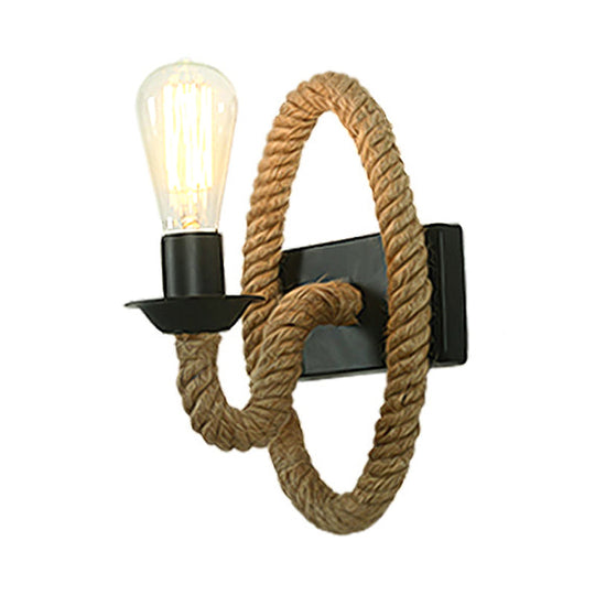 Industrial Black Wall Light With Roped Gooseneck Arm And Circle Mount For Balcony