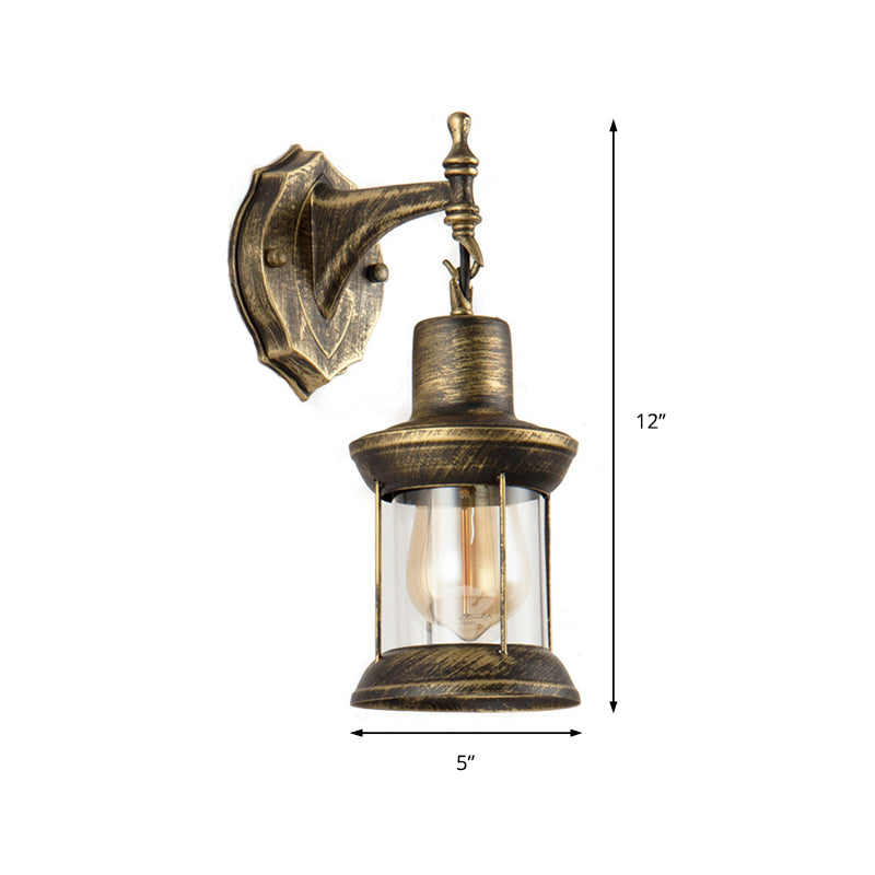 Aged Bronze Outdoor Sconce Lighting Fixture - Traditional Clear Glass Wall Light With Kerosene Shade