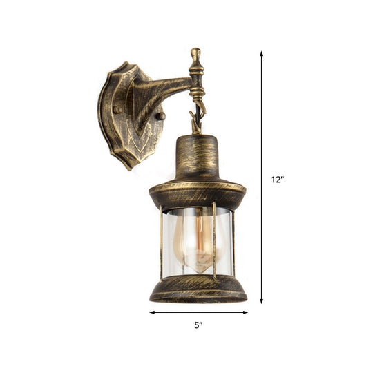 Aged Bronze Outdoor Sconce Lighting Fixture - Traditional Clear Glass Wall Light With Kerosene Shade