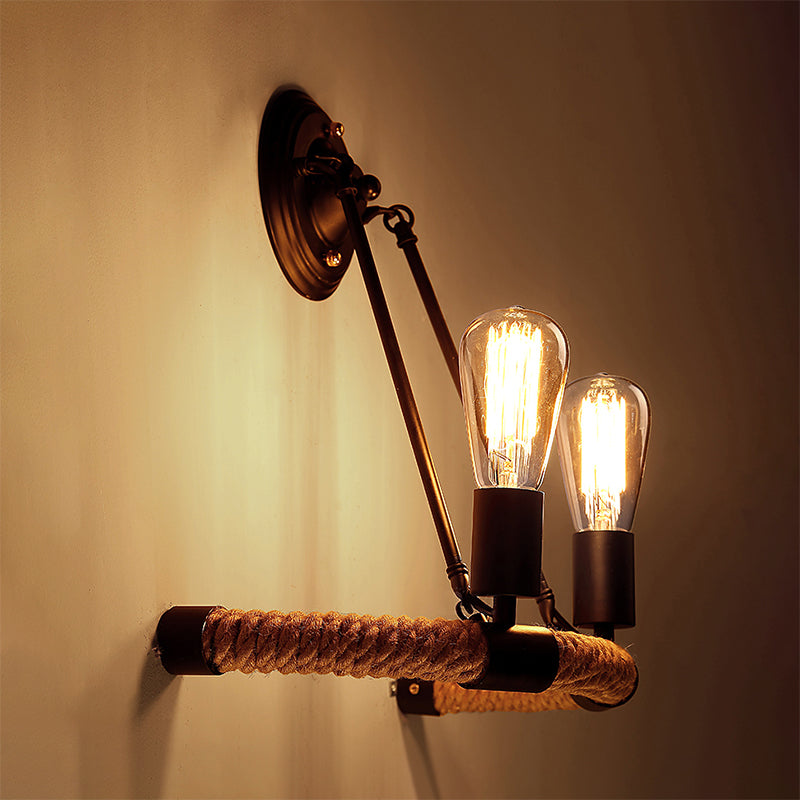 Vintage Style Roped Half-Ring Wall Light With 2 Bare Bulbs In Black For Living Room