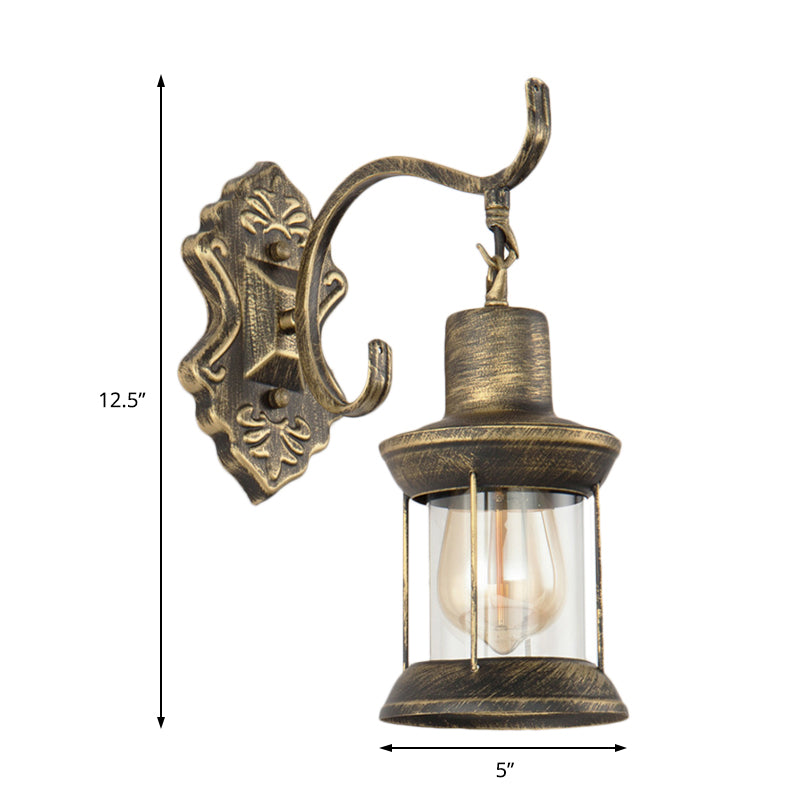 Rustic Wall Mounted Kerosene Light Fixture With Carved Pattern - Aged Bronze Finish Clear Glass