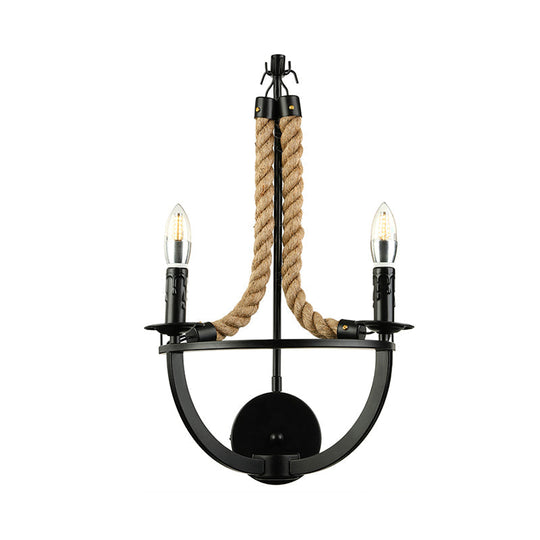 Industrial Manila Rope Wall Sconce With Open Bulbs - 2 Lights In Black For Living Room