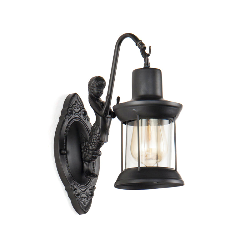 Clear Glass Wall Sconce Light With Mermaid Decoration - Industrial Black Lantern For Outdoor