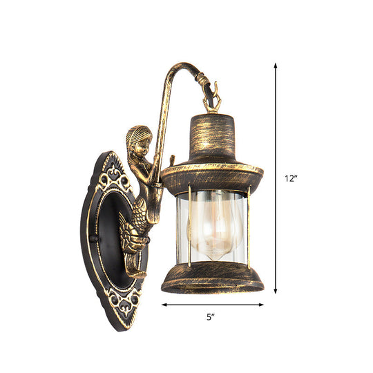 Clear Glass Bronze Sconce Light Lantern 1-Light Industrial Wall Lamp With Mermaid Decor