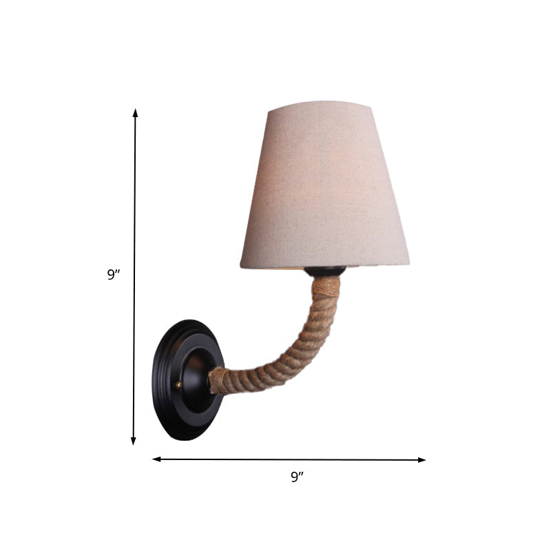 Lodge Style Beige Fabric Wall Sconce With Curved/Angle Arm For Restaurants - 1 Light