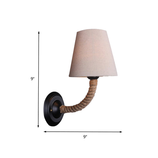 Lodge Style Beige Fabric Wall Sconce With Curved/Angle Arm For Restaurants - 1 Light