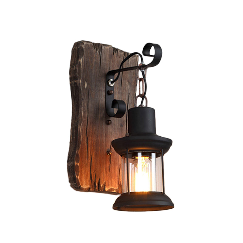 Rustic Clear Glass Caged One-Light Sconce With Wooden Backplate - Black Finish