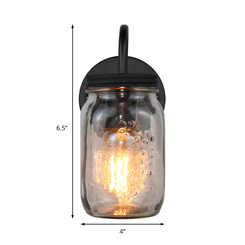 Industrial Clear Glass Wall Sconce With Black Jar Shade: Modern Bedroom Light Fixture Floral Detail