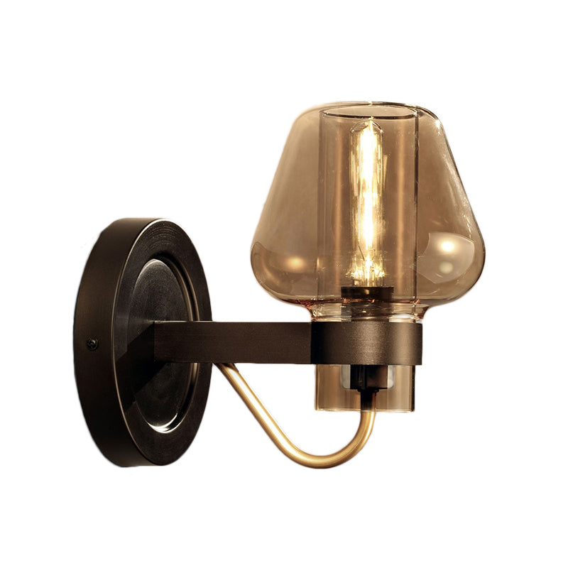 Modern Black Mushroom Wall Sconce With Amber Glass - Bedroom Lighting Fixture