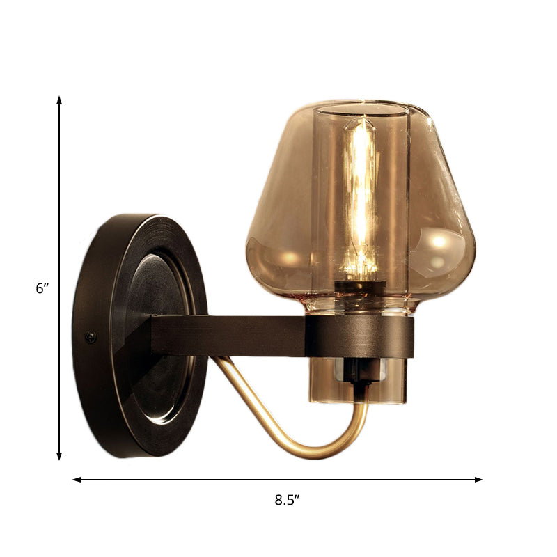 Modern Black Mushroom Wall Sconce With Amber Glass - Bedroom Lighting Fixture