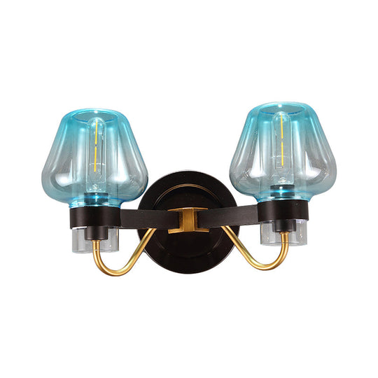 Modern Mushroom Blue Glass Wall Mounted Bedroom Sconce Light With 2 Bulbs In Black