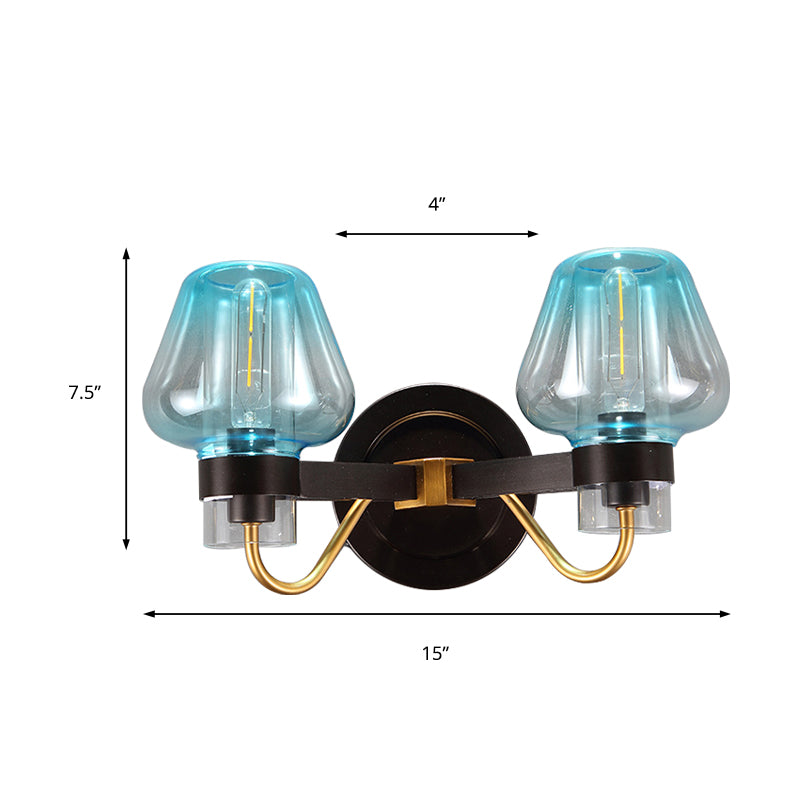 Modern Mushroom Blue Glass Wall Mounted Bedroom Sconce Light With 2 Bulbs In Black