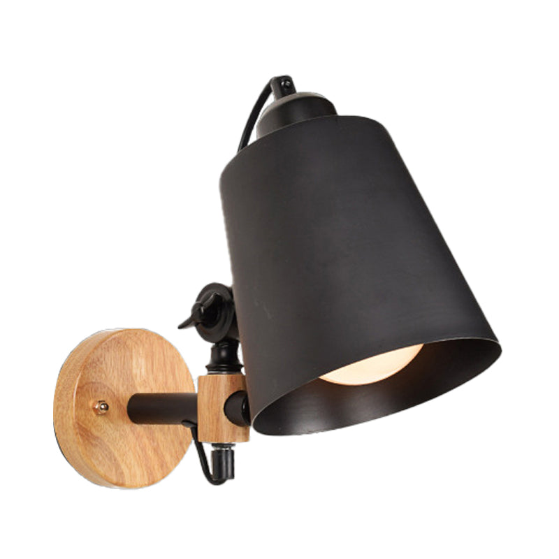 Modern Metal Wall Lamp With Bucket Shade 1 Light Corridor Mount Wooden Backplate Black/White