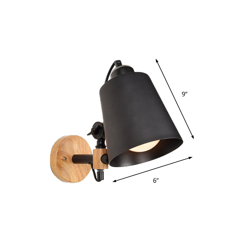 Modern Metal Wall Lamp With Bucket Shade 1 Light Corridor Mount Wooden Backplate Black/White