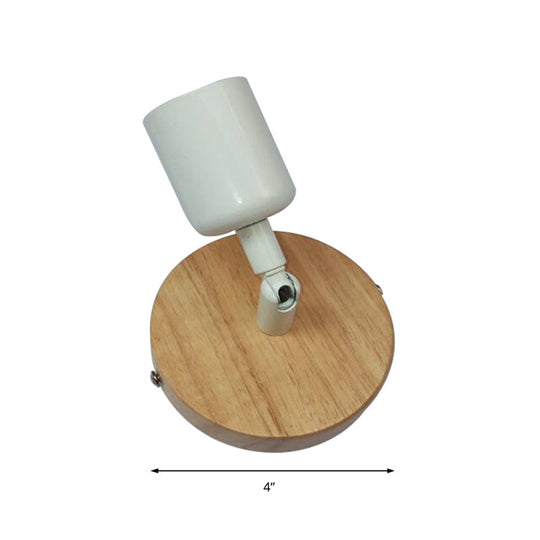 Minimalist Round Backplate Wall Sconce In White For Bedside - Wood And Metal Fixture