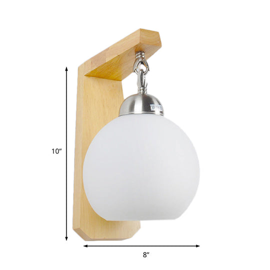 Industrial Wall Sconce With Opal Glass Globe Shade And Wood Backplate - Bedroom Lighting Fixture