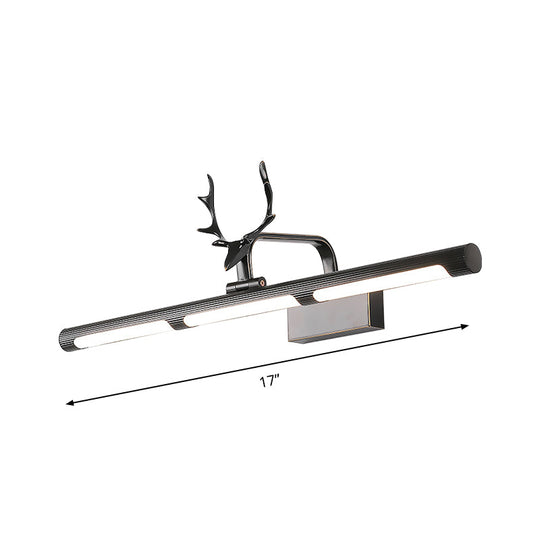 Lodge Style Led Metal Wall Lamp With Antler Accent - 17/25 W Black Finish Ideal For Bathroom Vanity