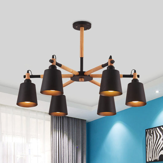 Nordic Metal Cone Chandelier Light With Wooden Arm - 6-Bulb Black/White Suspension Lamp