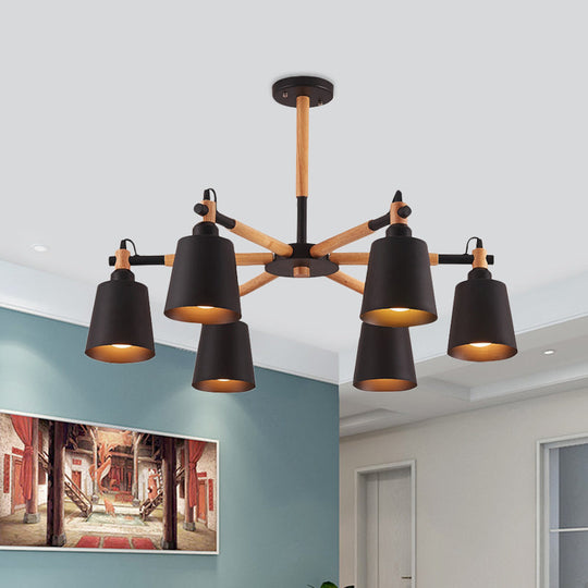 Nordic Metal Cone Chandelier Light With Wooden Arm - 6-Bulb Black/White Suspension Lamp Black