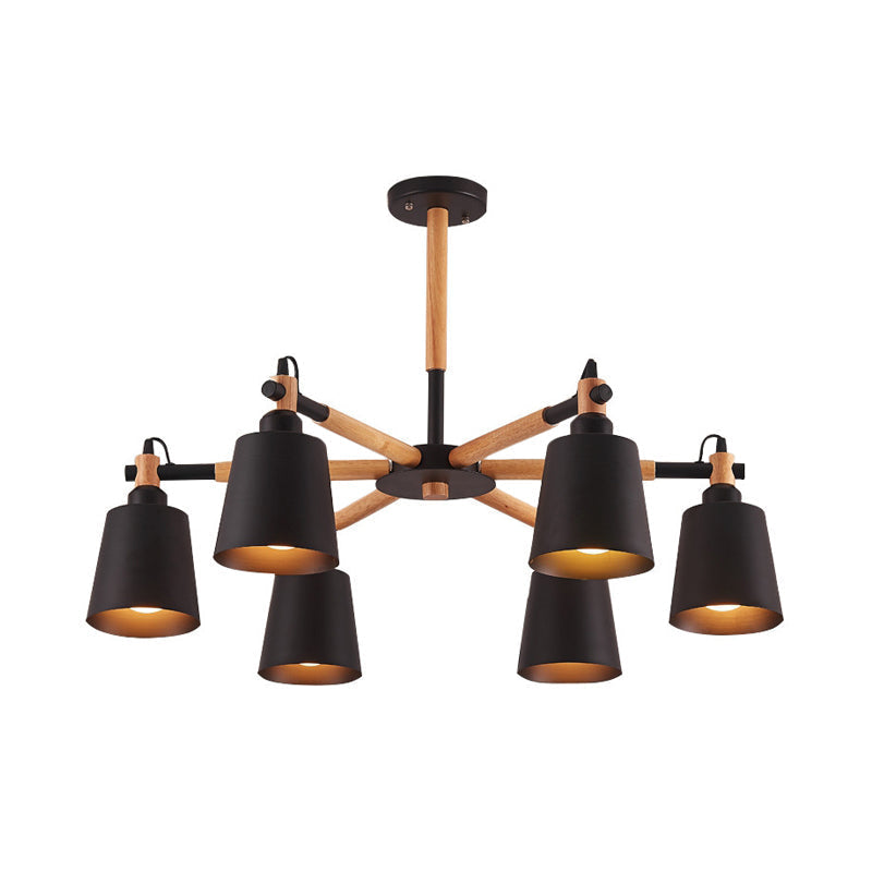 Nordic Metal Chandelier Light with 6 Bulbs & Wooden Arm - Black/White Suspension Lamp for Living Room