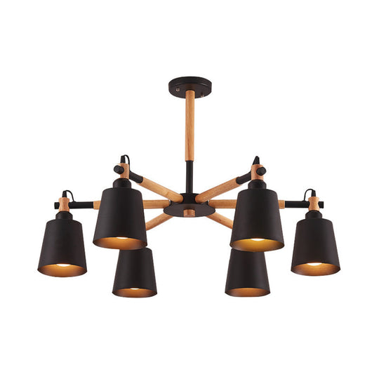 Nordic Metal Chandelier Light with 6 Bulbs & Wooden Arm - Black/White Suspension Lamp for Living Room