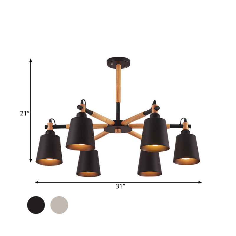 Nordic Metal Chandelier Light with 6 Bulbs & Wooden Arm - Black/White Suspension Lamp for Living Room