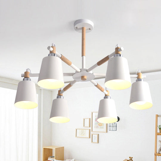 Nordic Metal Chandelier Light with 6 Bulbs & Wooden Arm - Black/White Suspension Lamp for Living Room