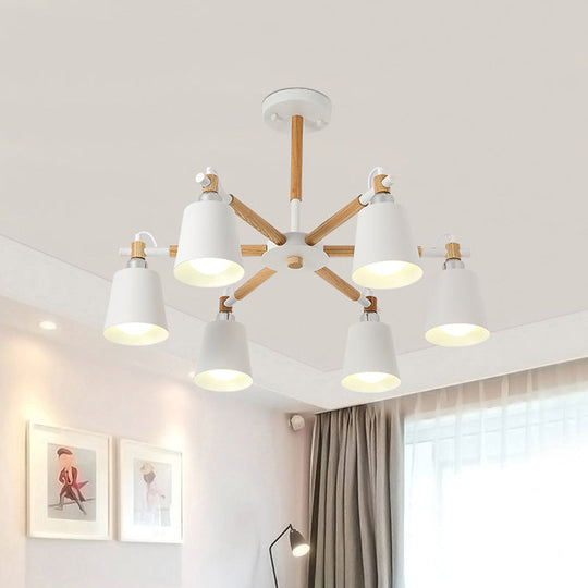 Nordic Metal Chandelier Light with 6 Bulbs & Wooden Arm - Black/White Suspension Lamp for Living Room