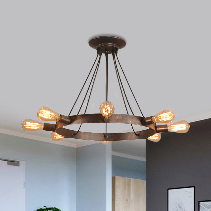 Industrial Metal Exposed Bulb Chandelier Lamp With Circle Design - Brown 8 Bulbs