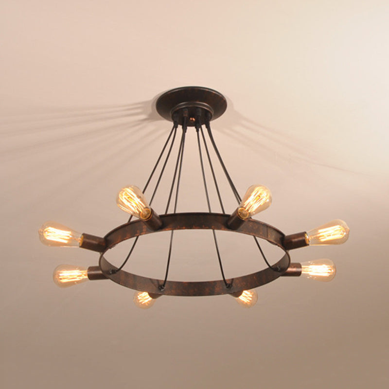 Industrial Metal Circle Design 8-Bulb Chandelier Pendant Light with Exposed Bulbs, Brown