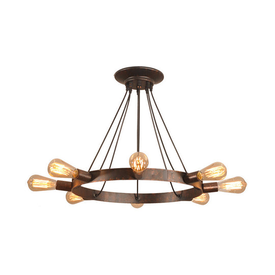 Industrial Metal Exposed Bulb Chandelier Lamp With Circle Design - Brown 8 Bulbs