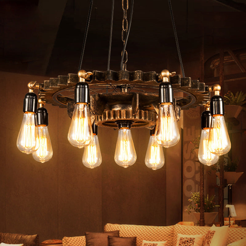 Iron Brass Chandelier - 9 Heads Industrial Suspension Light With Bare Bulb Design