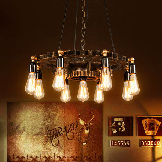 Iron Brass Chandelier - 9 Heads Industrial Suspension Light With Bare Bulb Design