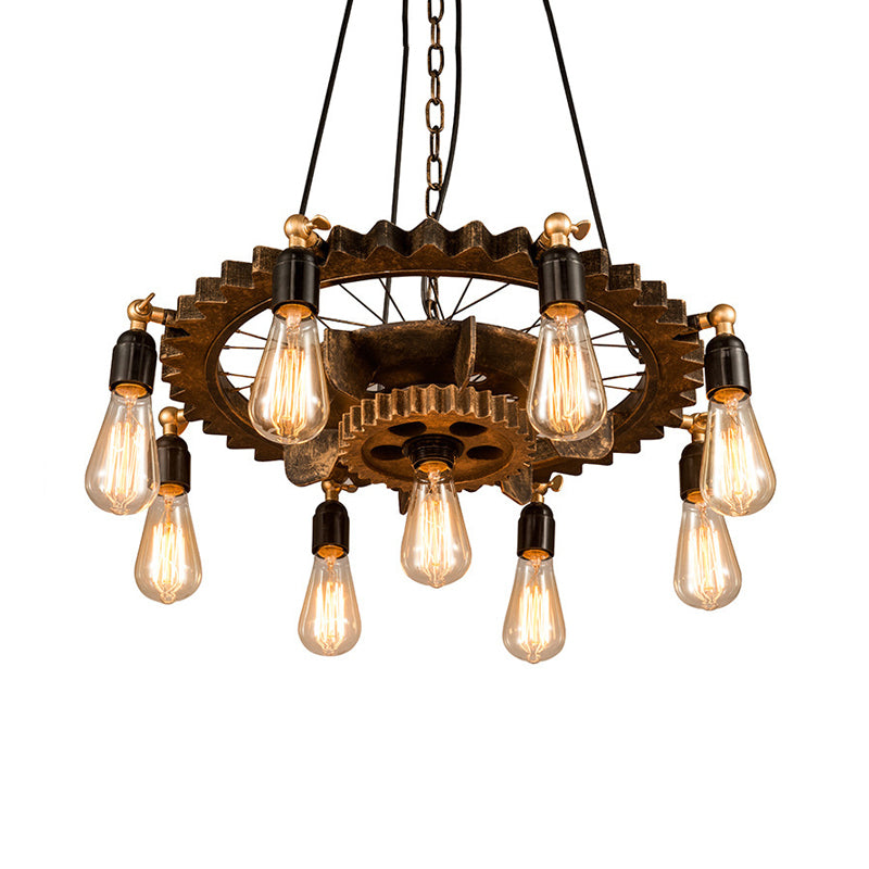 Industrial Iron Brass Chandelier with 9-Head Suspension Lighting – Exquisite Bare Bulb Design