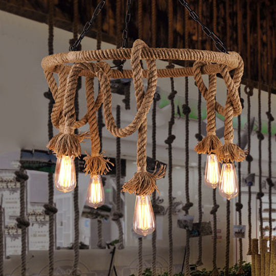 Hemp Rope Pendant Chandelier With 6 Bare Bulb Lights For Rustic Ceiling Decor