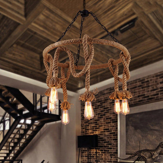 Hemp Rope Brown Pendant Chandelier - 6-Light Countryside Ceiling Light for Restaurant