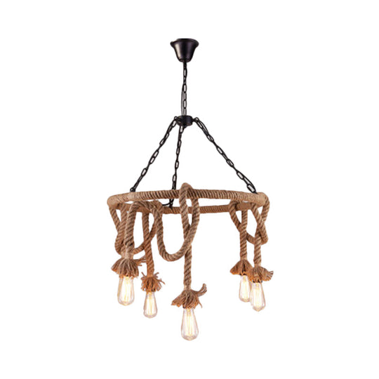 Hemp Rope Pendant Chandelier With 6 Bare Bulb Lights For Rustic Ceiling Decor