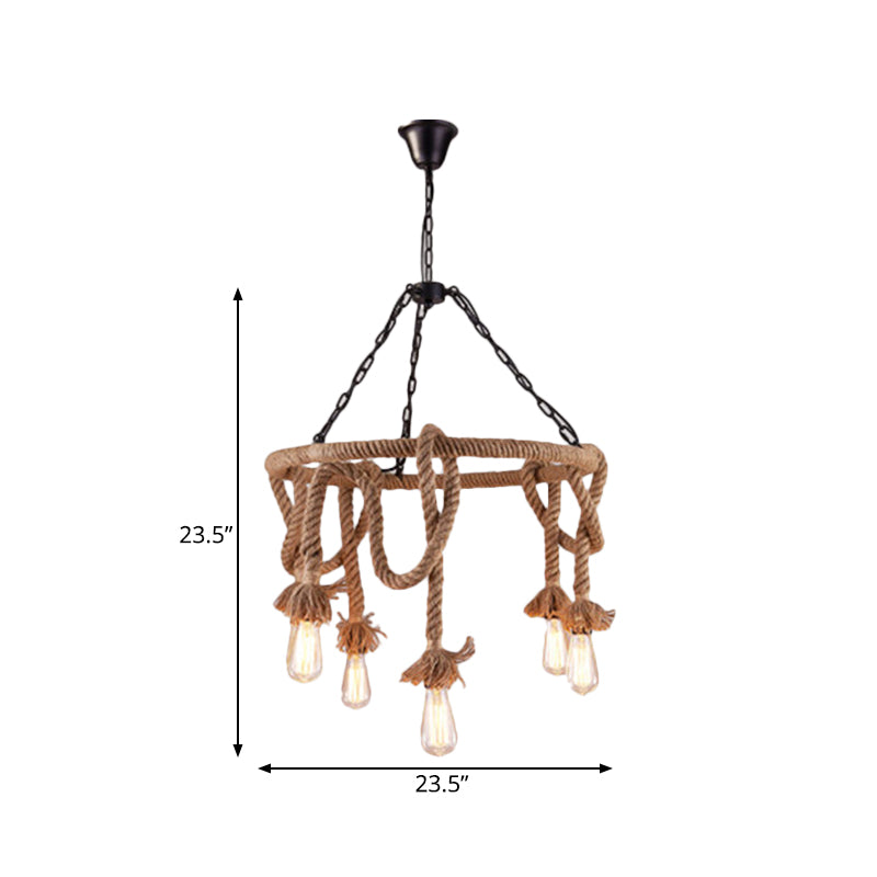 Hemp Rope Pendant Chandelier With 6 Bare Bulb Lights For Rustic Ceiling Decor