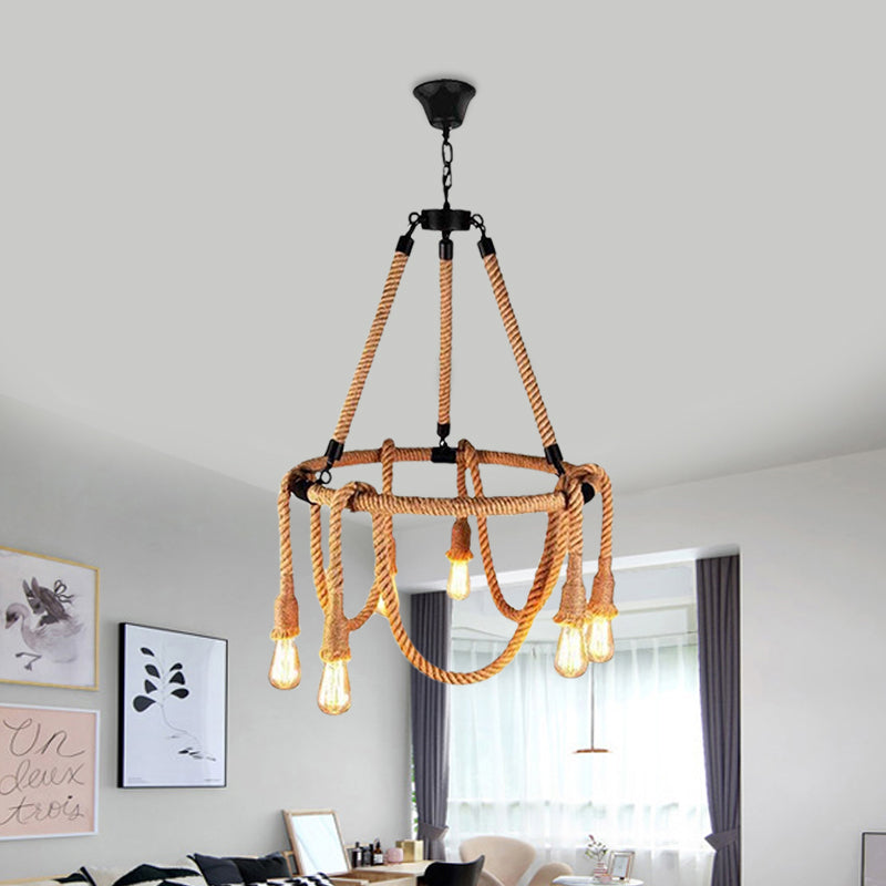 Hemp Rope Brown Pendant Chandelier - 6-Light Countryside Ceiling Light for Restaurant