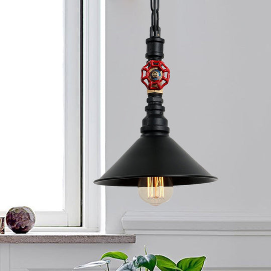 Industrial Metal Water Pipe and Valve Suspension Pendant - Black/Bronze, Cone Shade