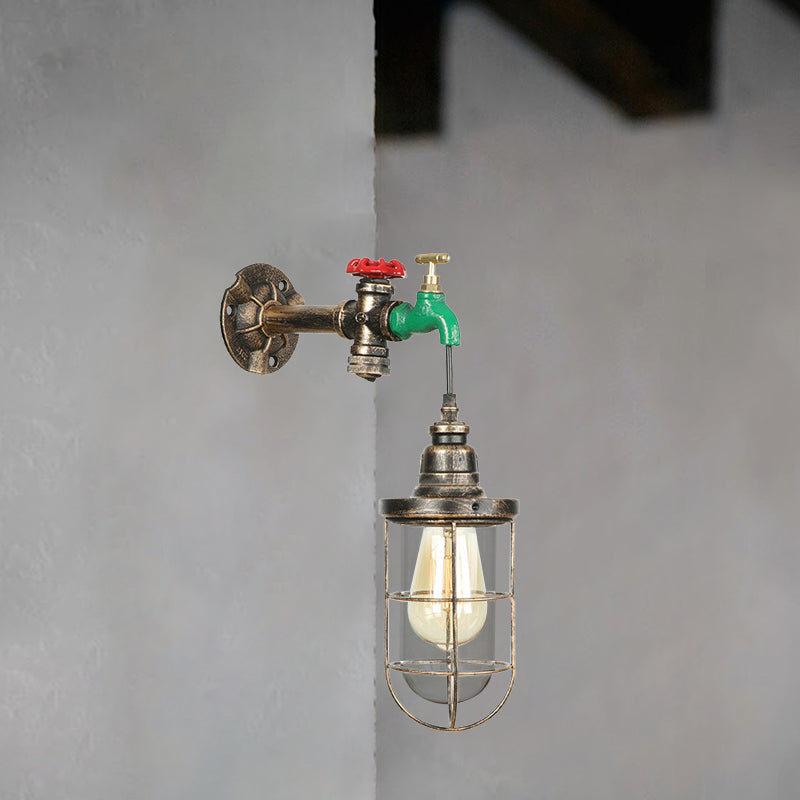 Steampunk Metal Wall Lamp Vintage Faucet Design 1 Bulb Balcony Sconce In Antique Bronze