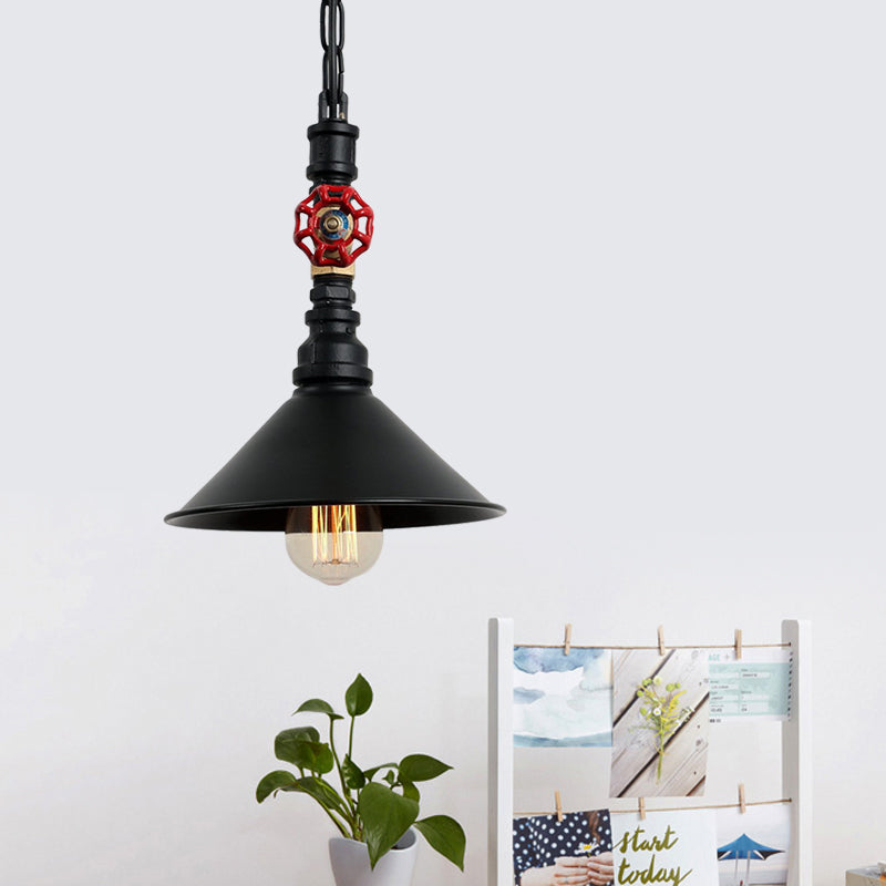 Industrial Black/Bronze Hanging Lamp With Water Pipe & Valve Suspension - Cone Shade Pendant 1 Light