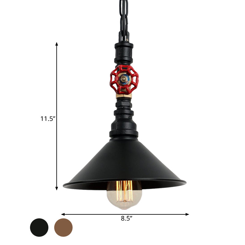 Industrial Metal Water Pipe and Valve Suspension Pendant - Black/Bronze, Cone Shade