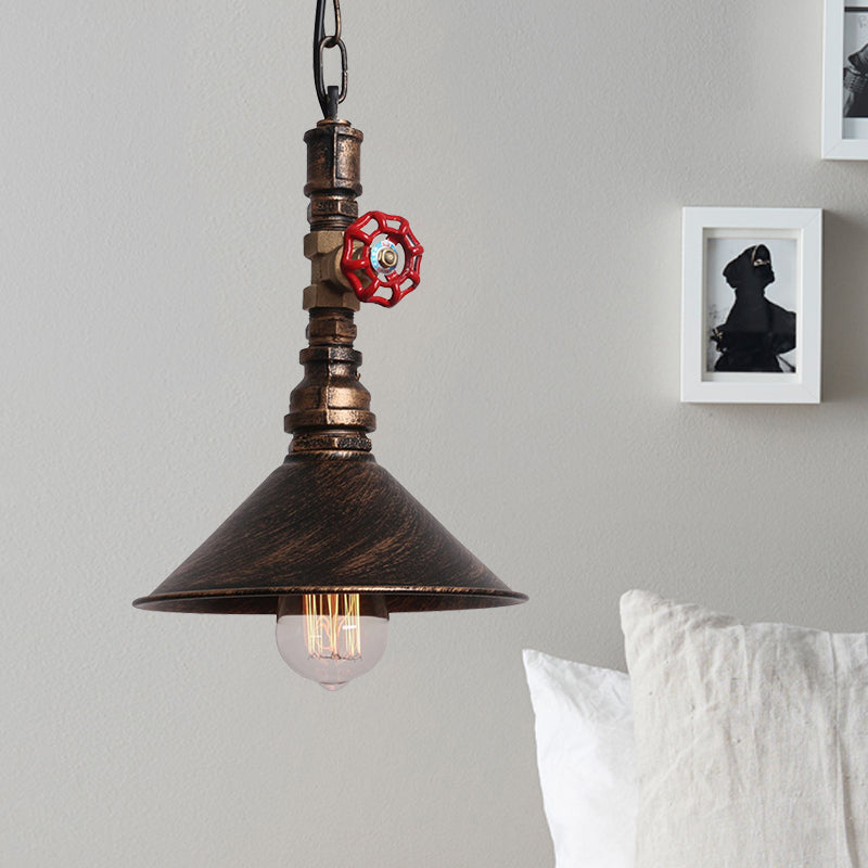 Industrial Black/Bronze Hanging Lamp With Water Pipe & Valve Suspension - Cone Shade Pendant 1 Light