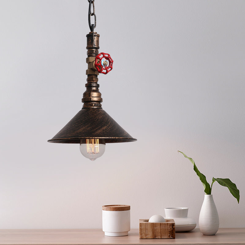 Industrial Black/Bronze Hanging Lamp With Water Pipe & Valve Suspension - Cone Shade Pendant 1 Light