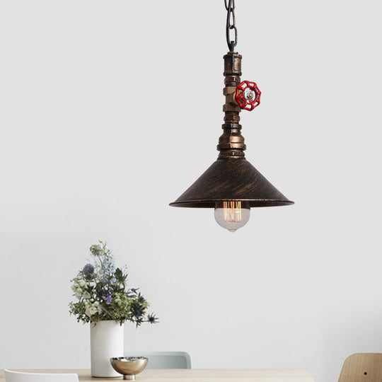 Industrial Metal Water Pipe and Valve Suspension Pendant - Black/Bronze, Cone Shade