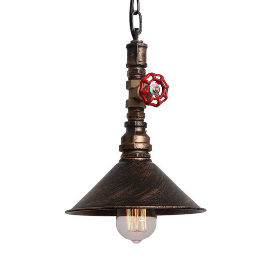 Industrial Metal Water Pipe and Valve Suspension Pendant - Black/Bronze, Cone Shade